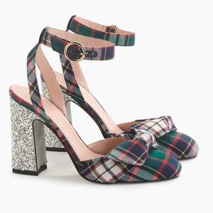 Harlow ankle-strap pumps in festive plaid with glitter heel